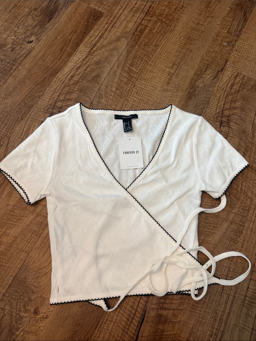 Forever 21 White Wrap Tie Short Sleeve Top with Black Trim